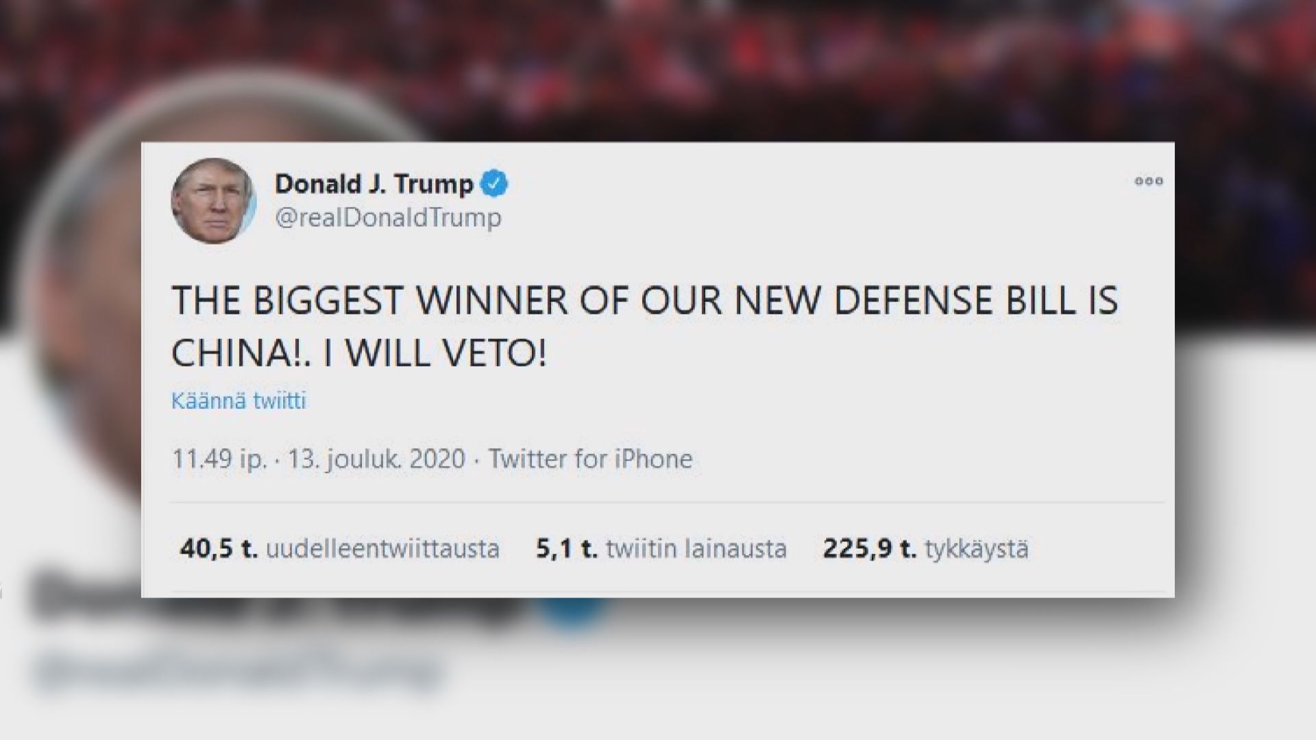 特朗普重申會否決國防授權法案