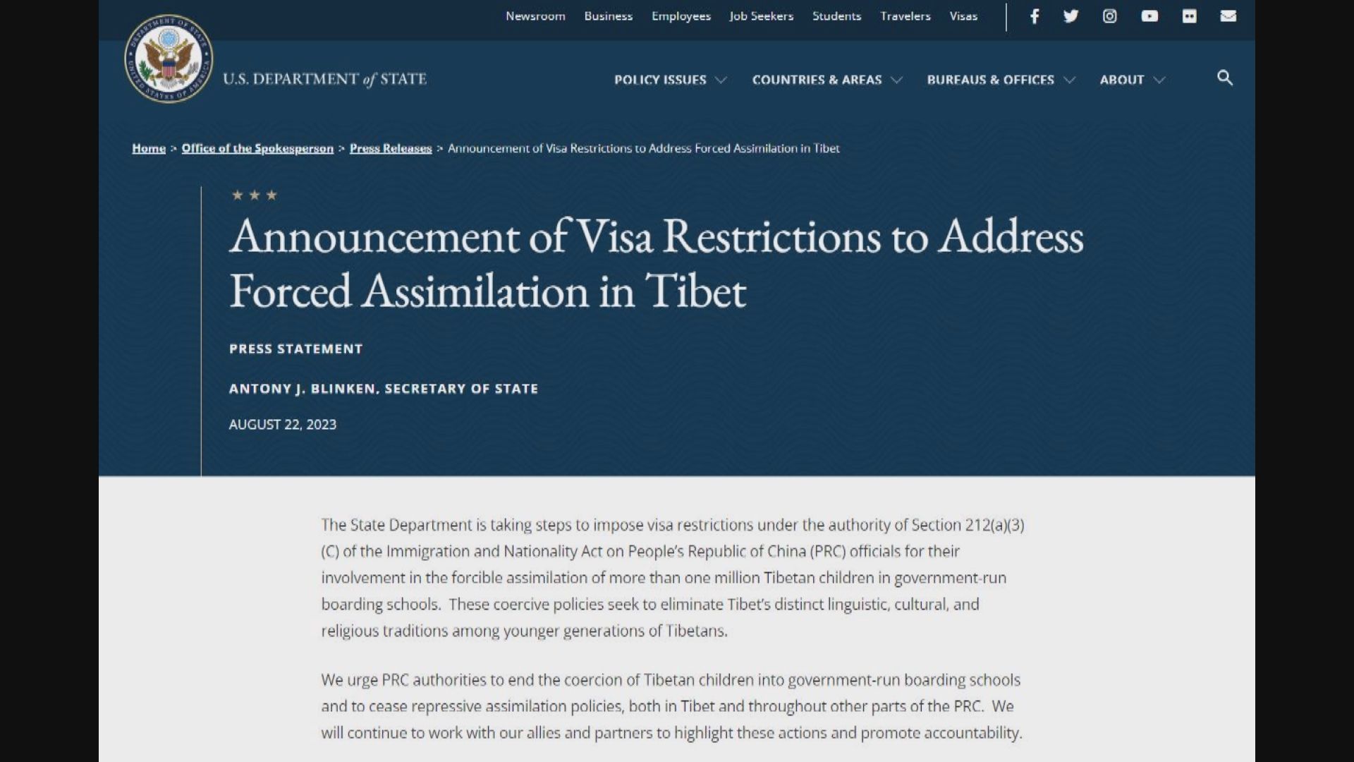 美國向北京官員實施簽證限制 稱有份「強迫同化」藏族兒童