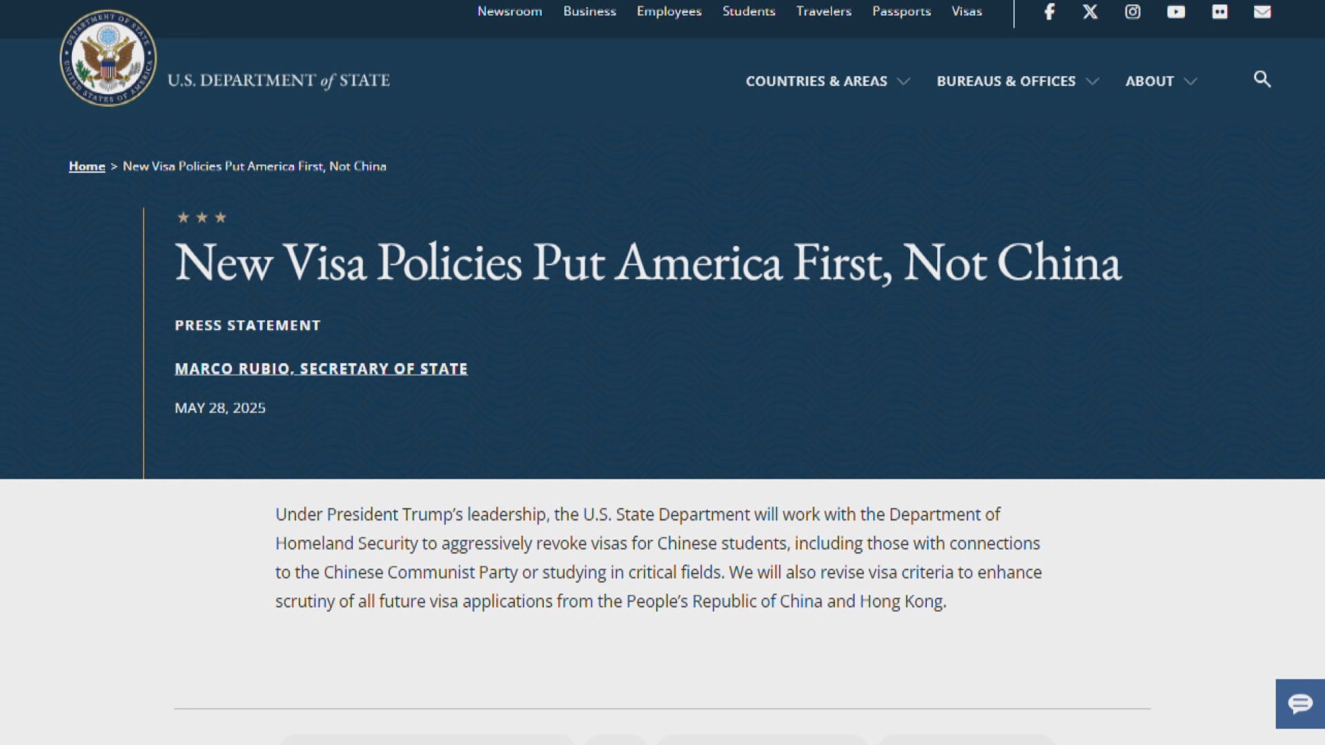 美國簽證｜魯比奧宣布加強審查中國內地及香港簽證申請　將取消中國留學生簽證