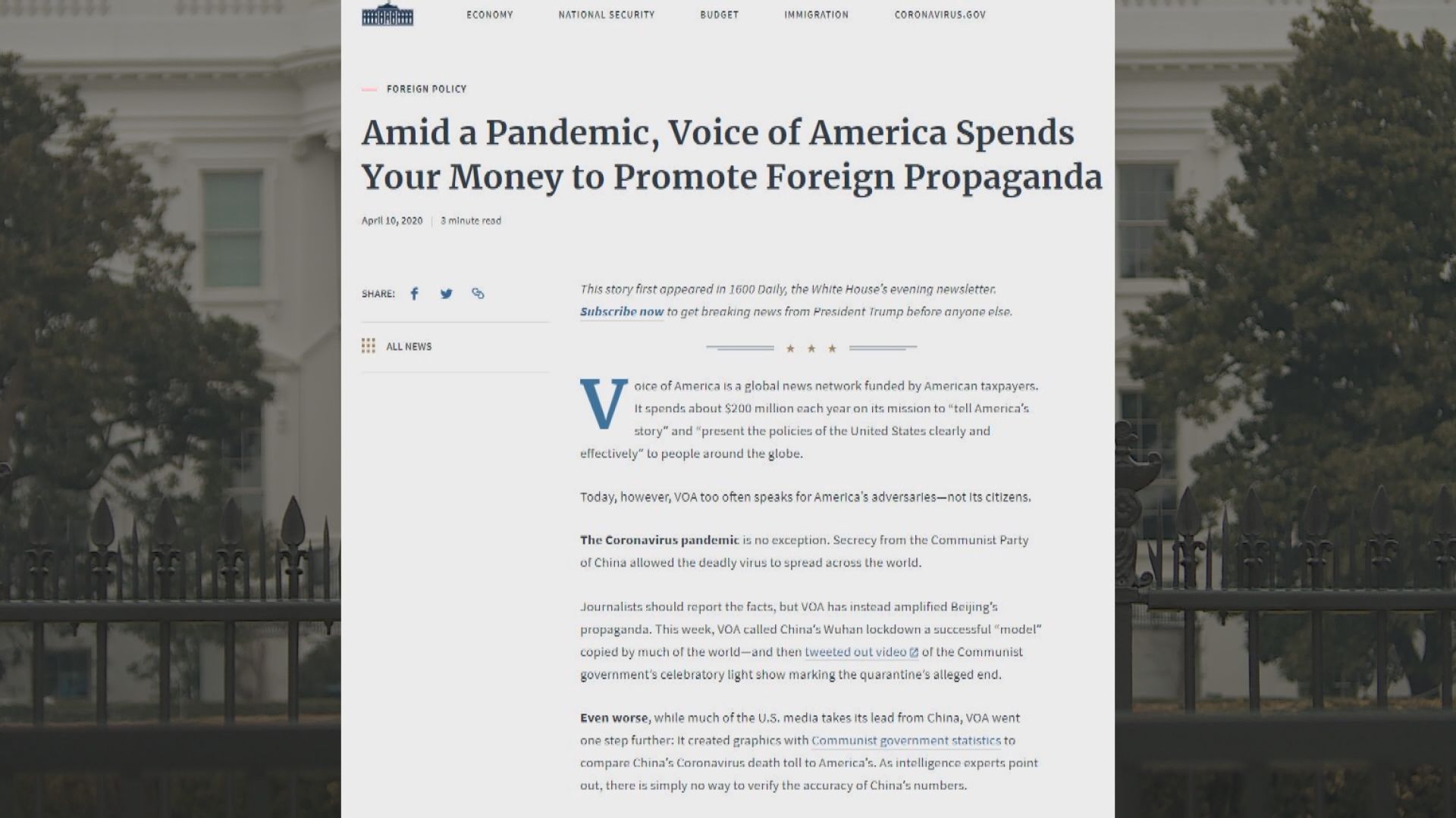 美國之音被指替中國宣傳　遭美國疾控中心封殺