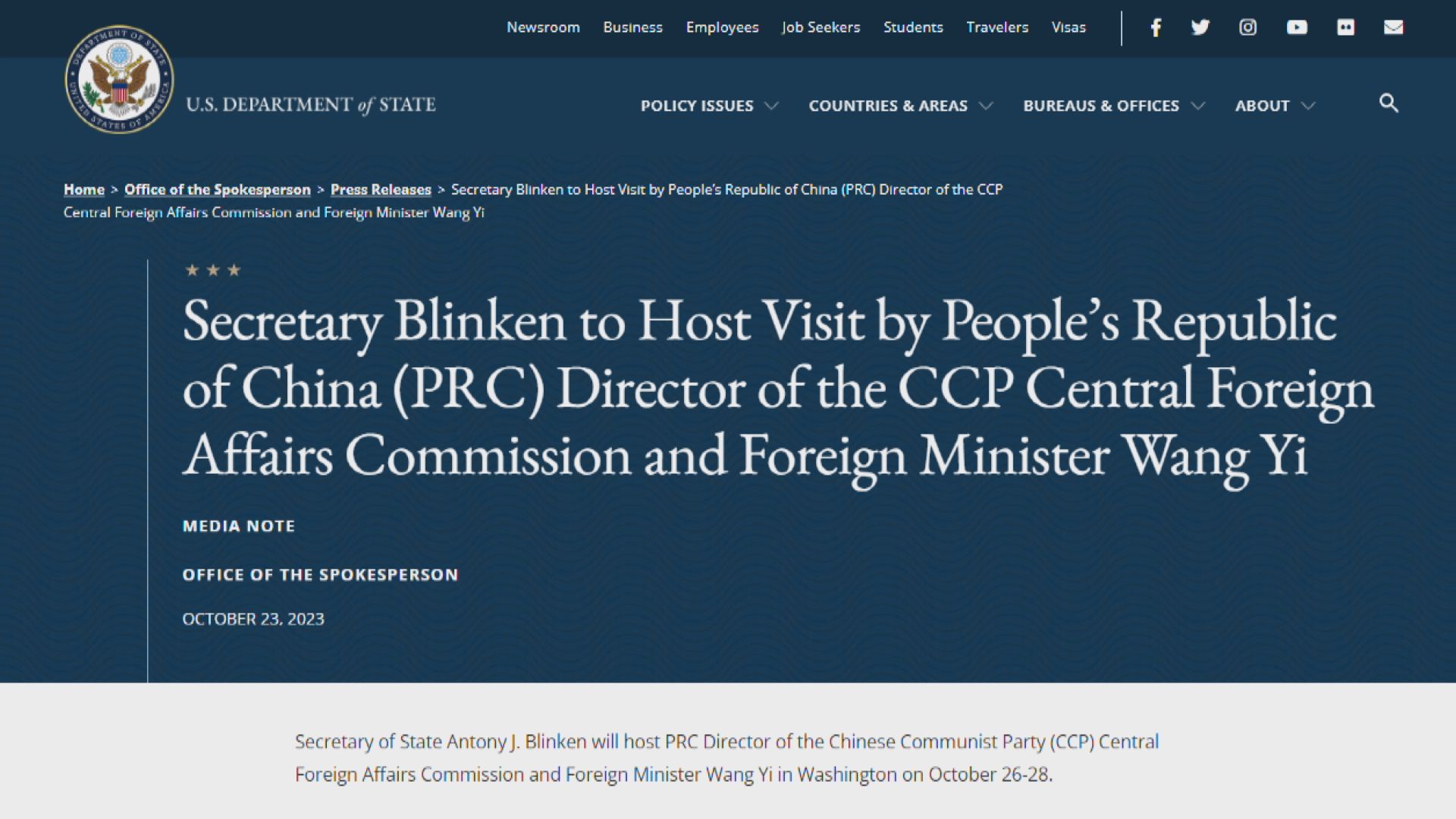 美國宣布中國外長王毅本周四至六訪美