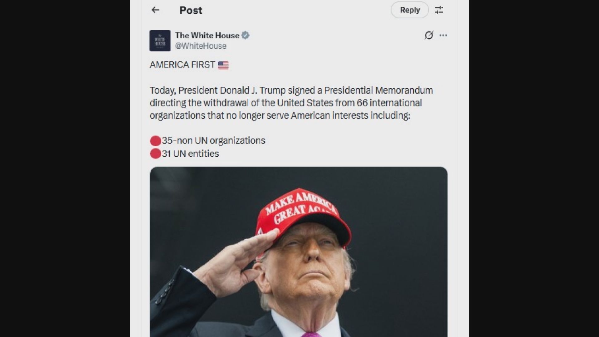 特朗普簽署備忘錄指示美國退出數十個國際組織　約一半是聯合國機構