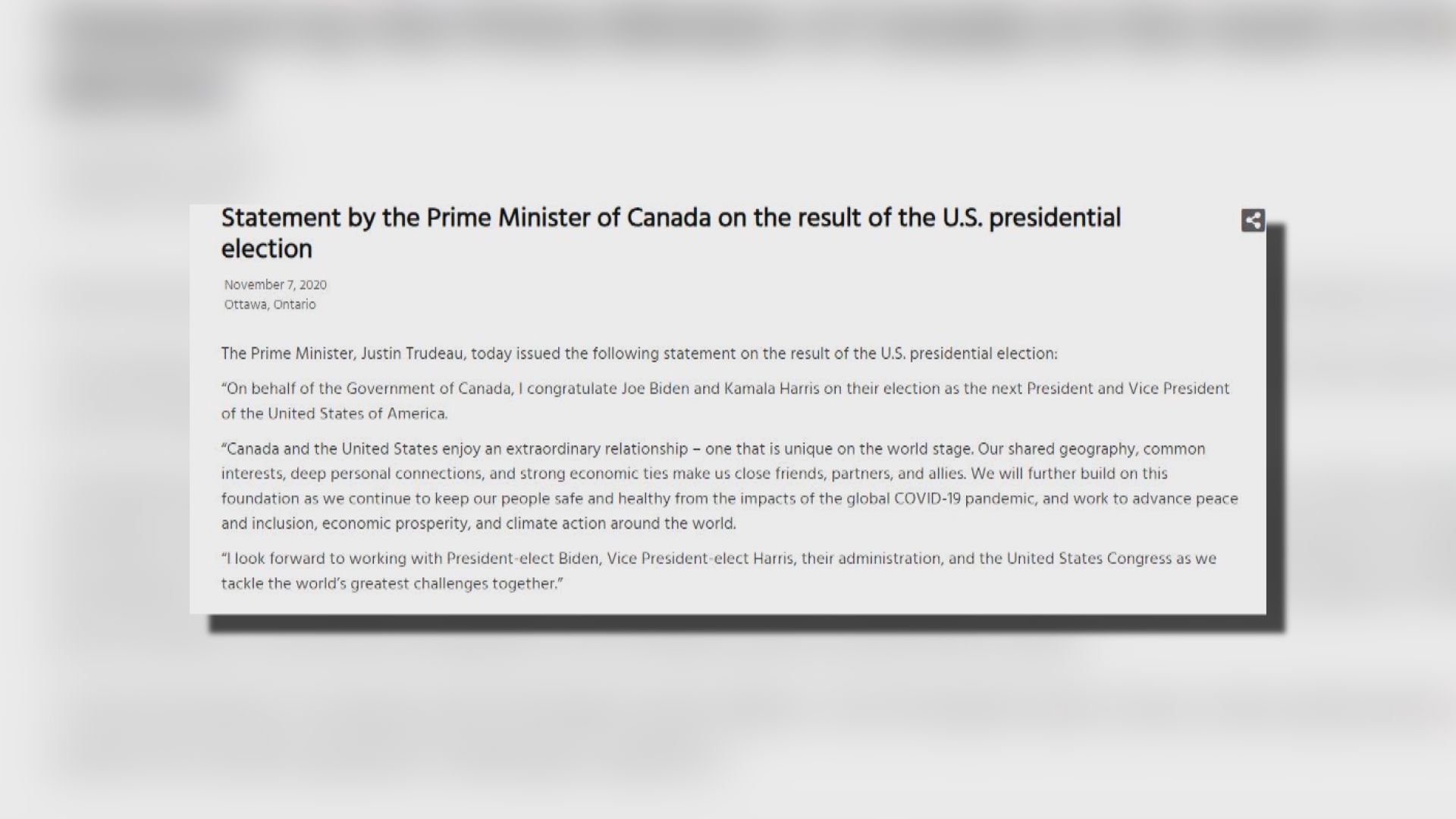 加拿大和歐洲多國領袖相繼恭賀拜登當選