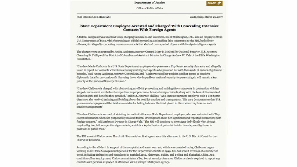 美國國務院員工被控隱瞞與中國間諜接觸