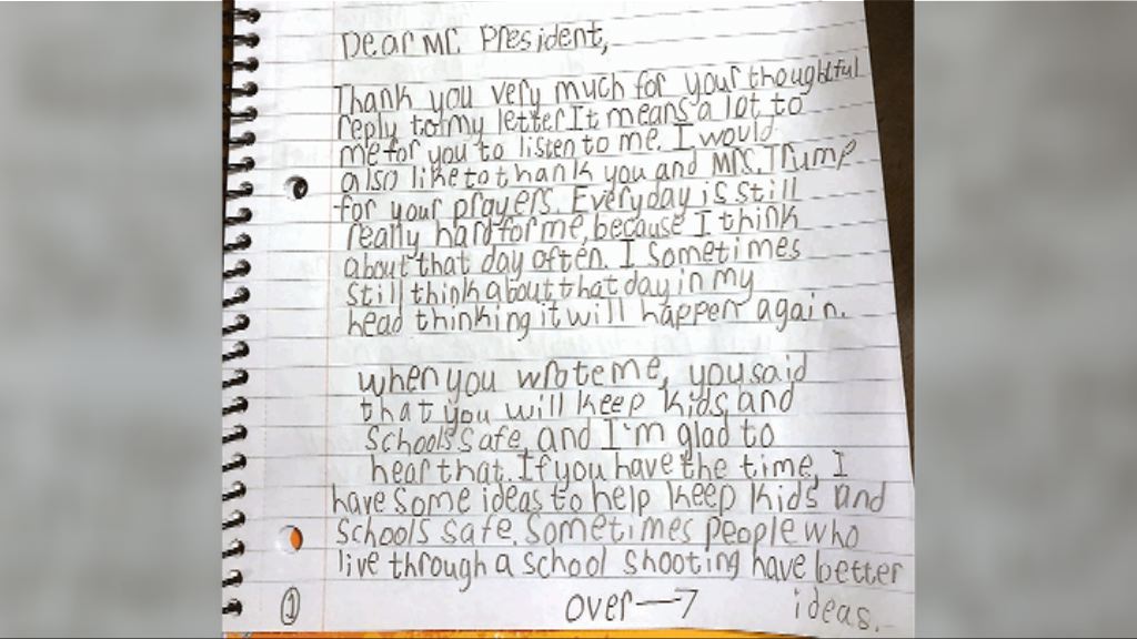 美國女童去信特朗普　冀兒童免受槍械傷害