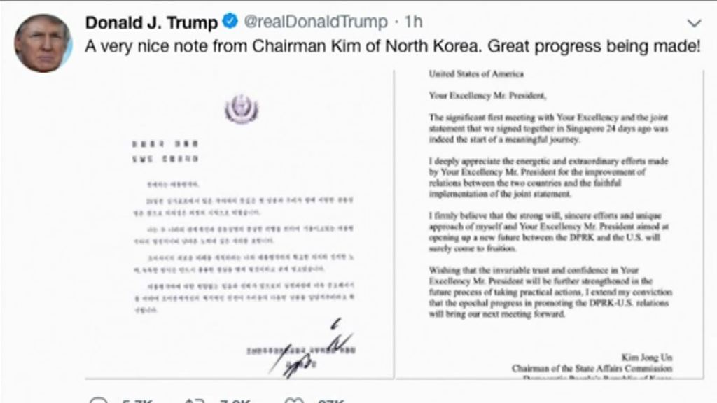 特朗普展示金正恩來信表達讚賞