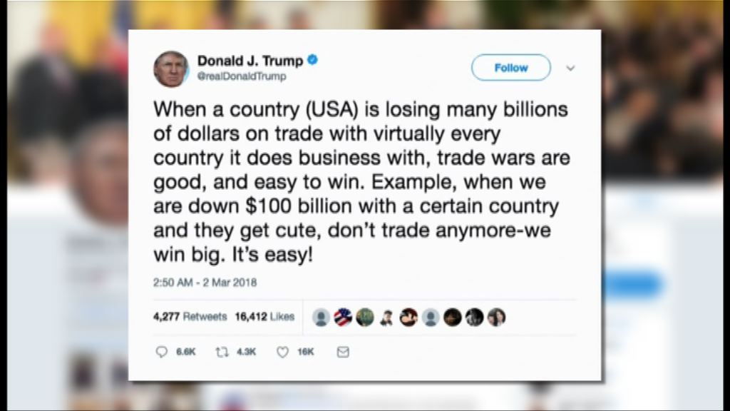 特朗普指若爆貿易戰美國將獲勝