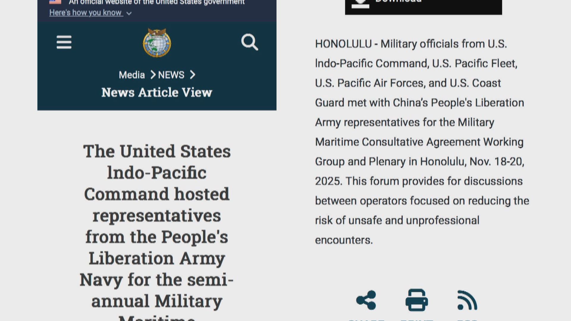 中美軍方代表於夏威夷舉行海上軍事磋商機制會議