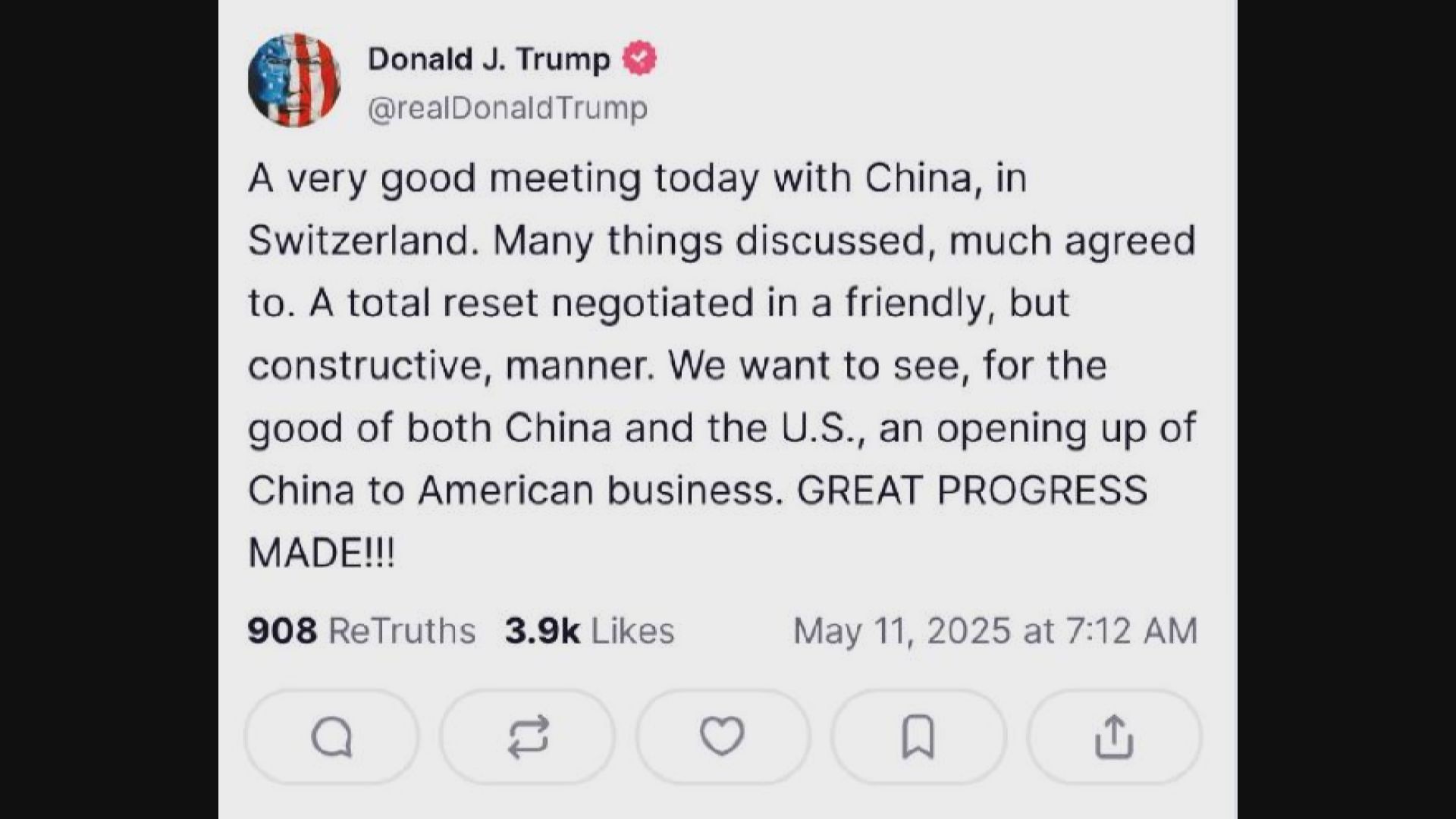 關稅戰｜中美首日貿易談判結束　特朗普稱取得巨大進展