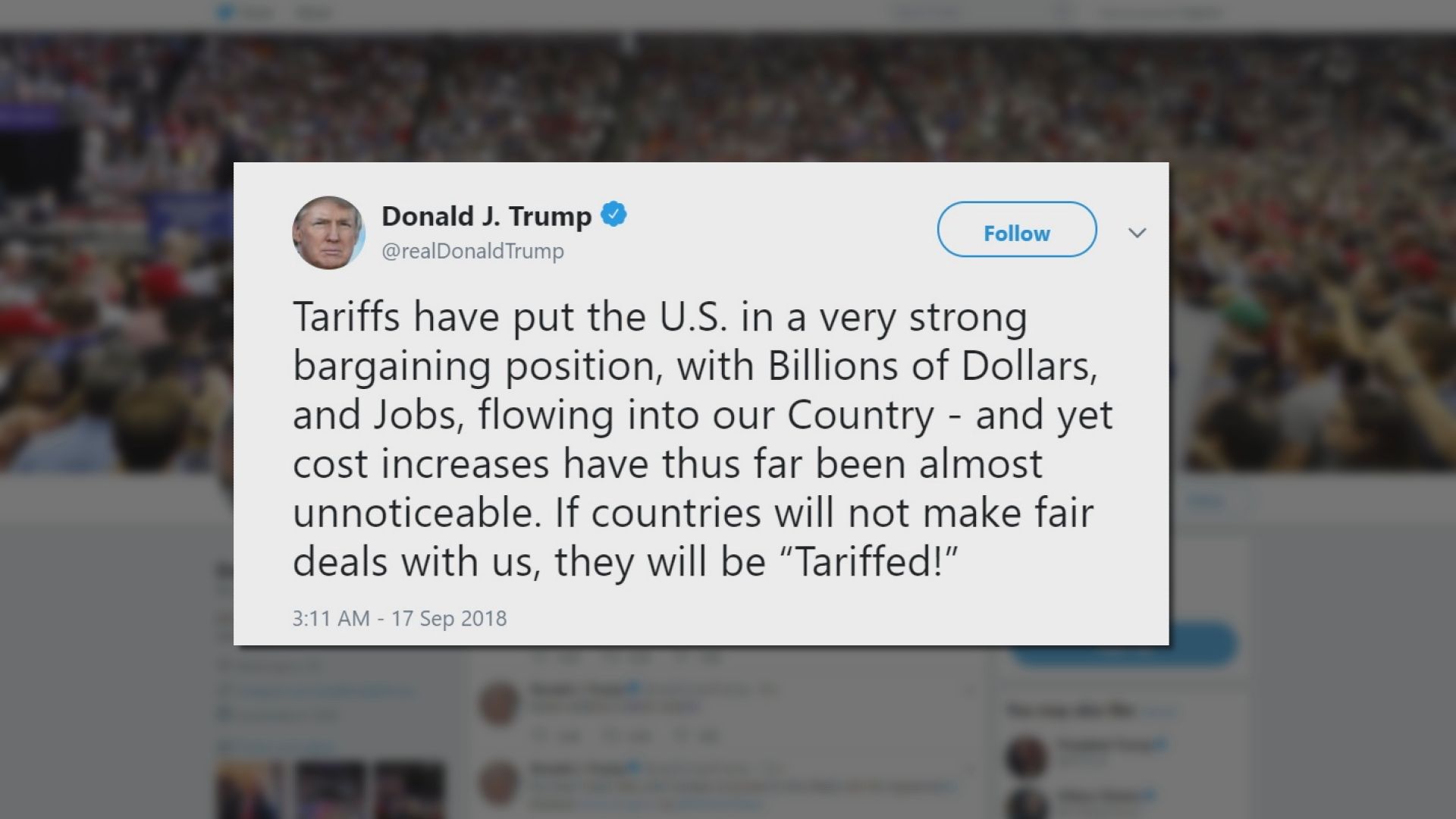 美國宣布對另外2000億美元中國貨徵稅