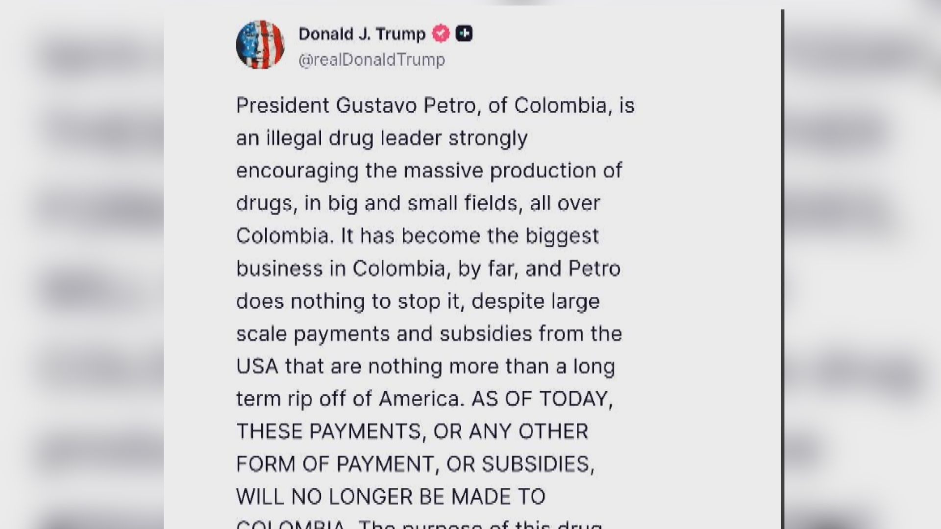 特朗普批哥倫比亞總統是走私毒品頭目　揚言不再提供補貼