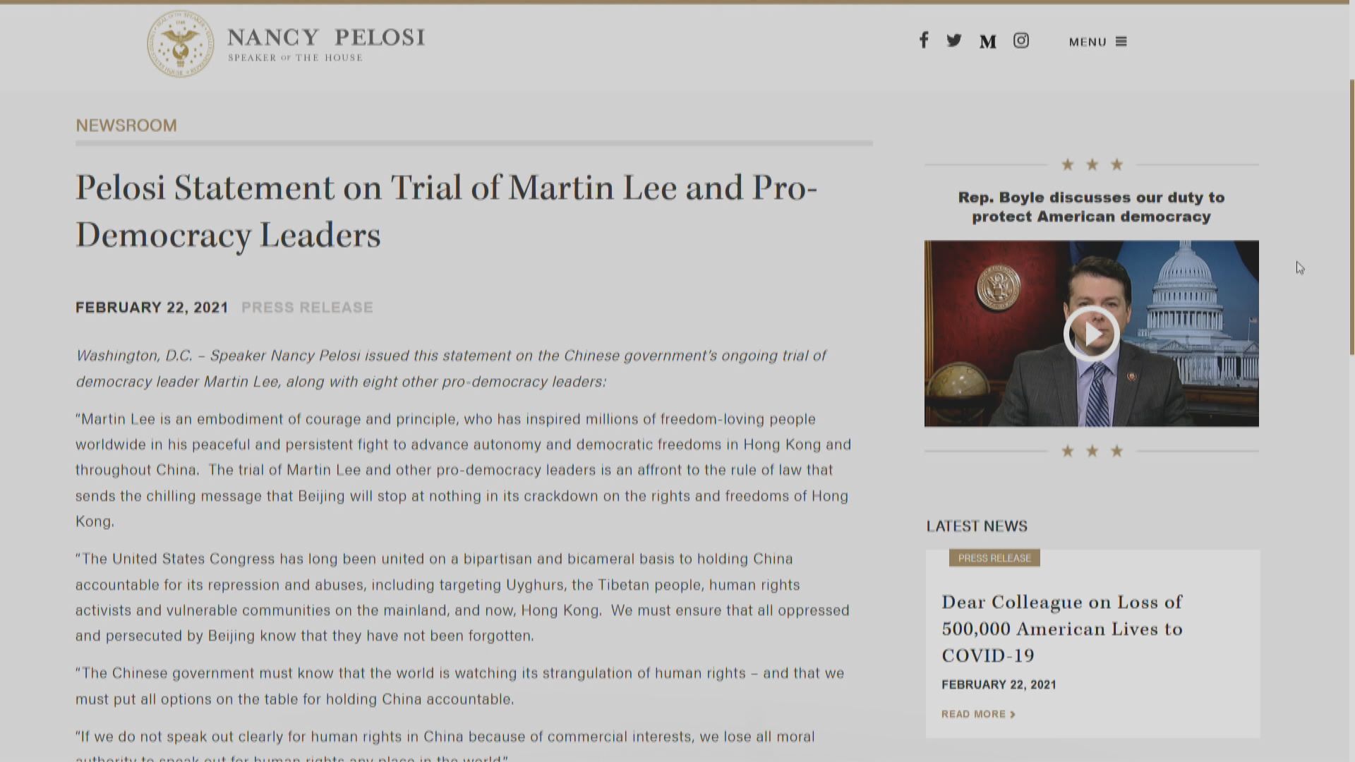 佩洛西關注李柱銘等人案件　籲追究中國責任