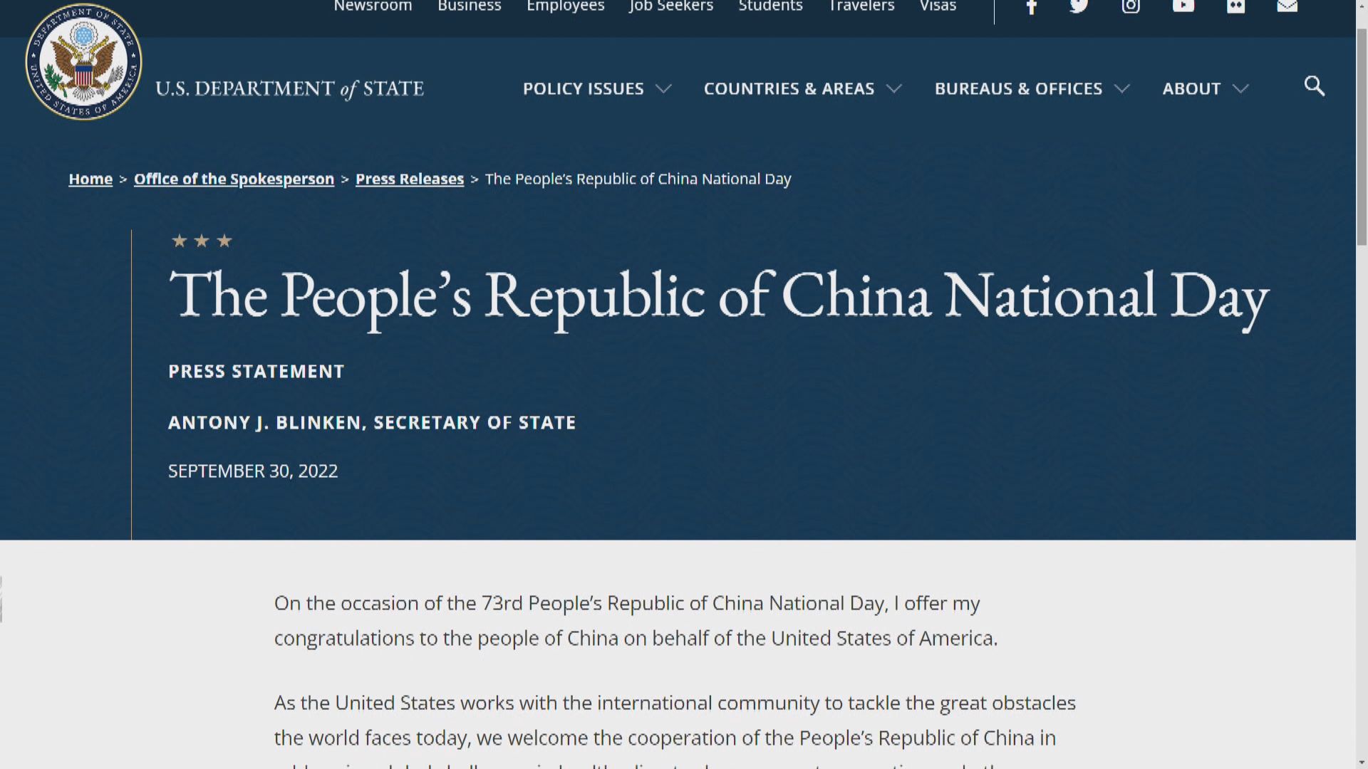 美國和北韓祝賀中國國慶