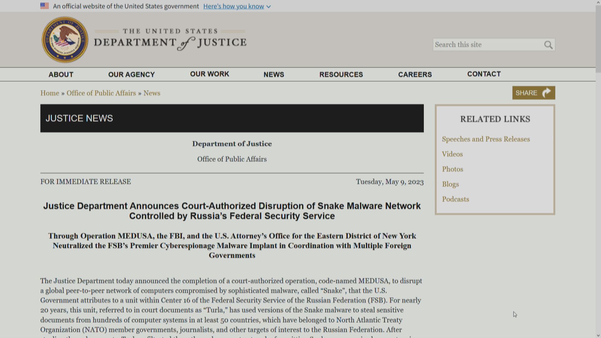 美國稱成功破壞俄羅斯最精密間諜軟件