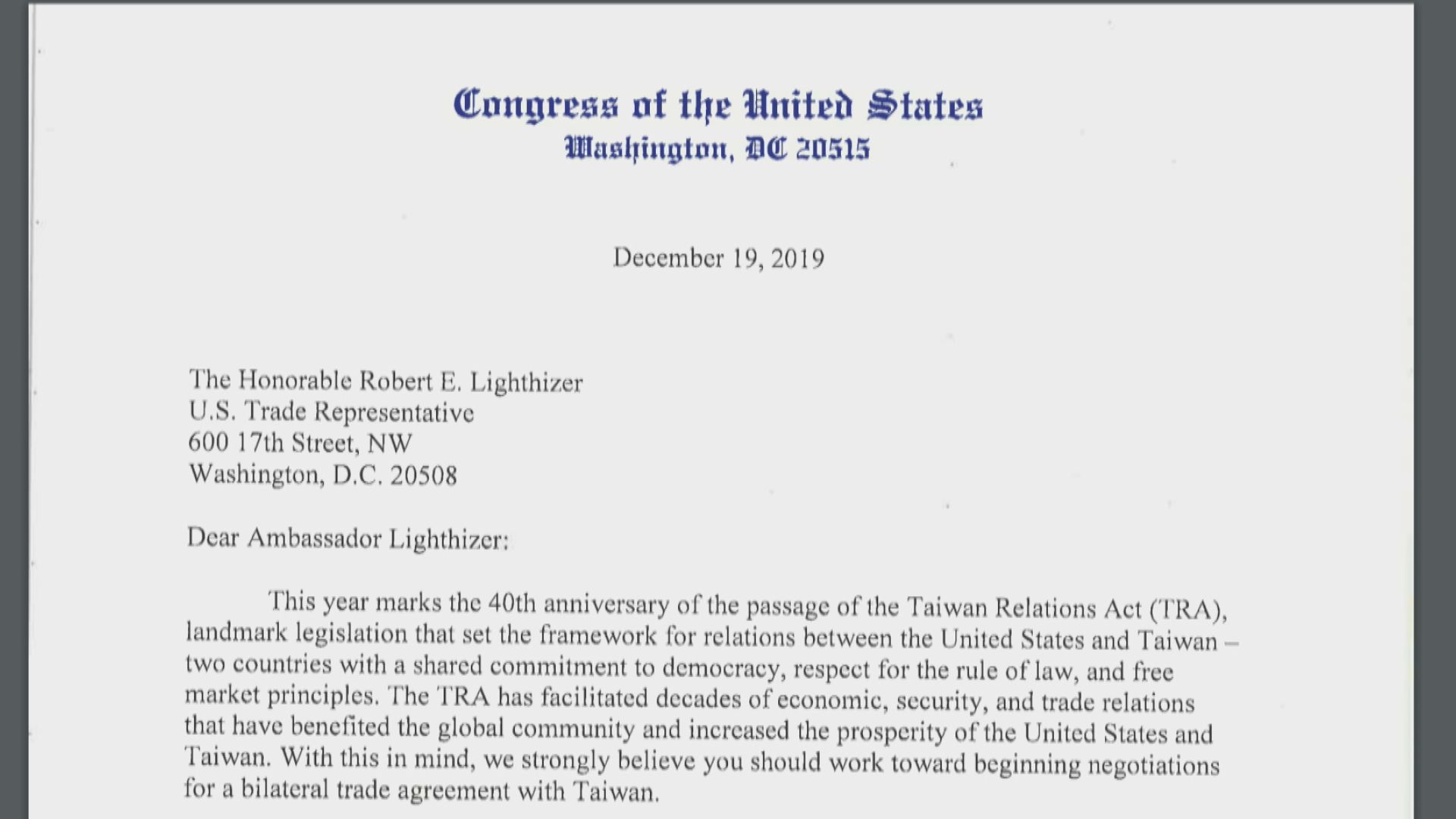 美國眾議員籲啟動美台雙邊貿易協定談判