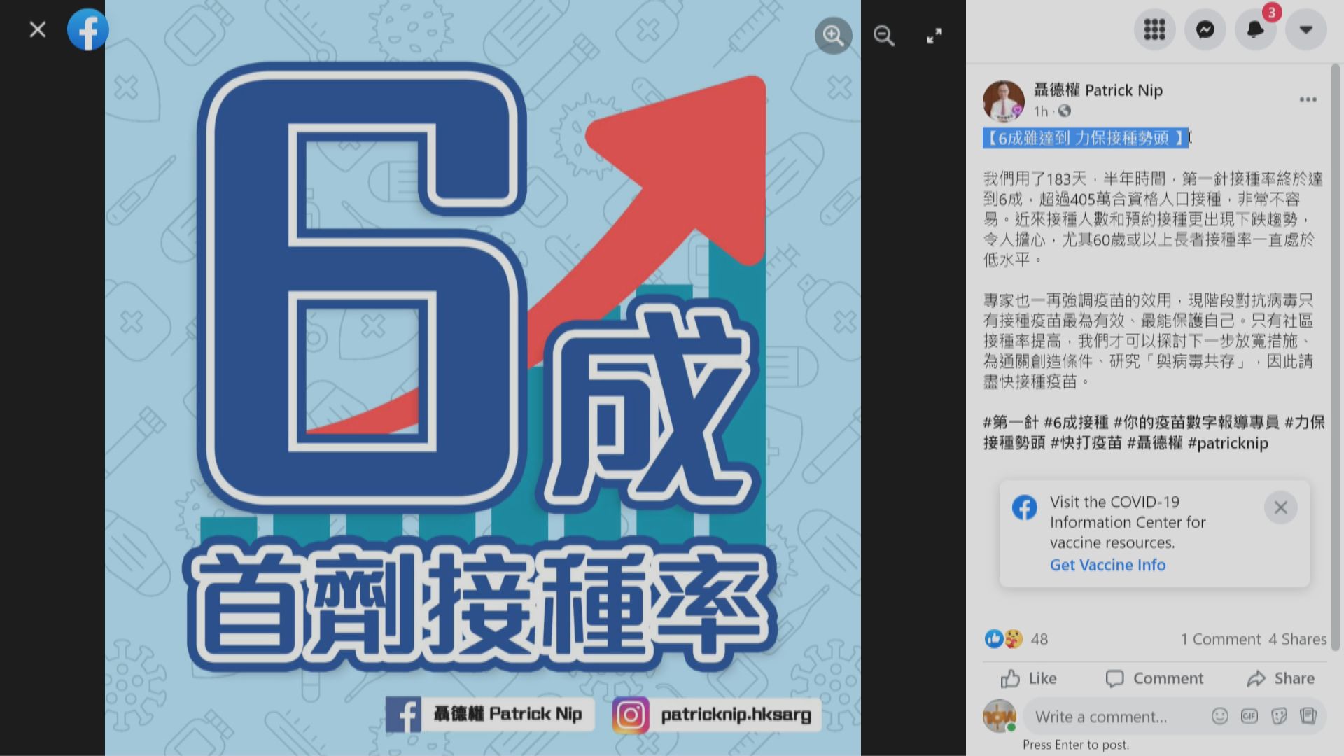 逾405萬人接種首劑新冠疫苗　接種率達六成