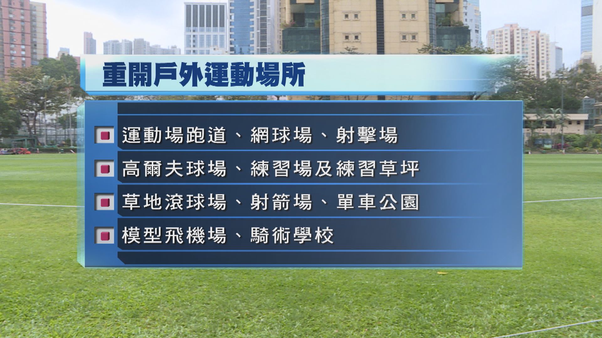 部分戶外運動場所如運動場跑道等最快周五有限度重開