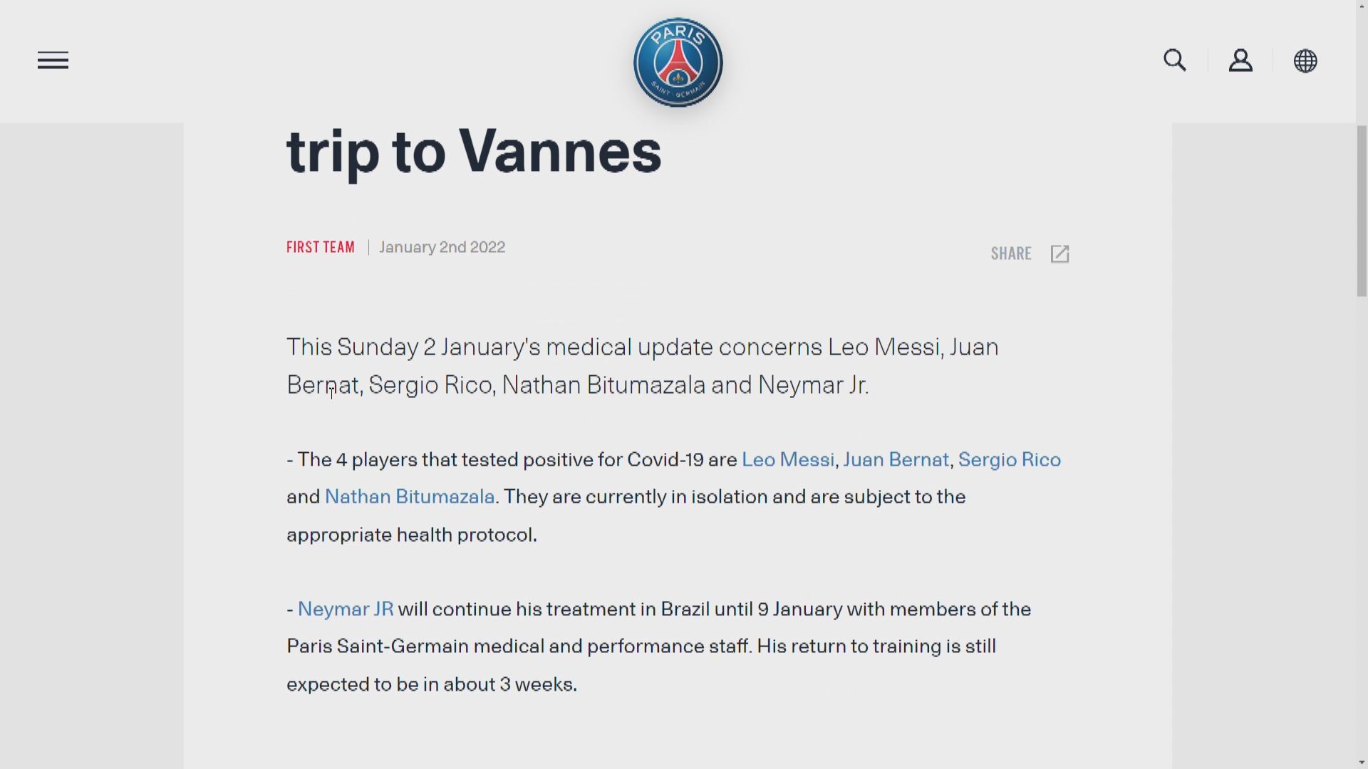 巴黎聖日耳門公布美斯確診感染新型冠狀病毒