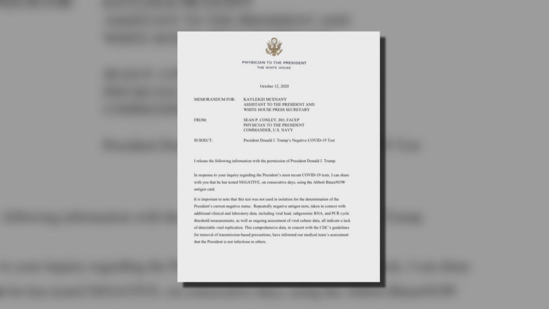 白宮醫生指特朗普連續數天病毒檢測呈陰性