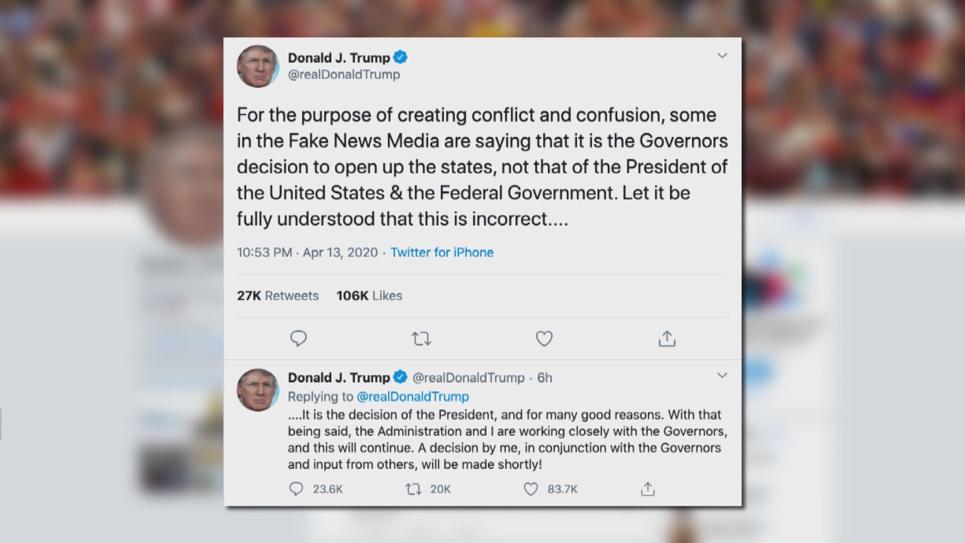 特朗普：何時重啟美經濟活動由他決定而非各州州長