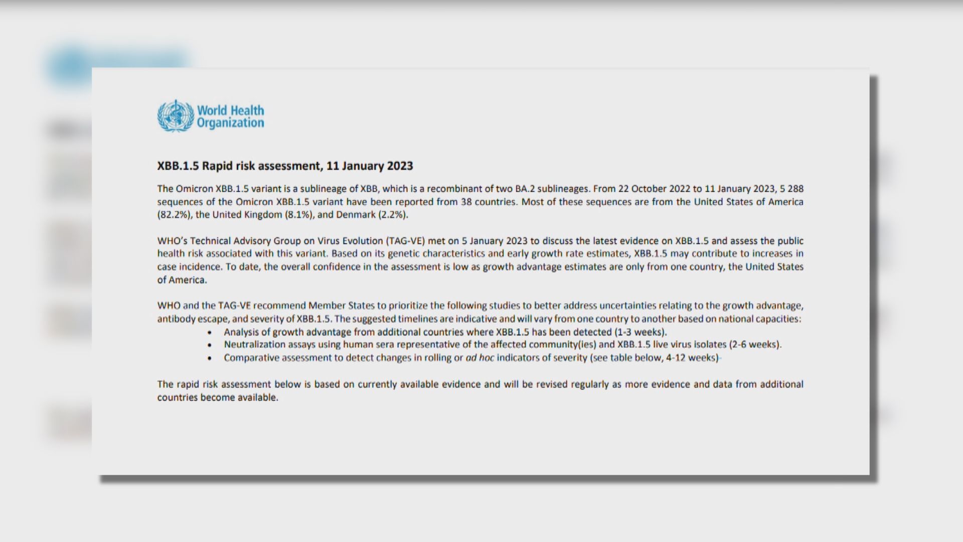 世衛發表首份XBB.1.5風險評估報告