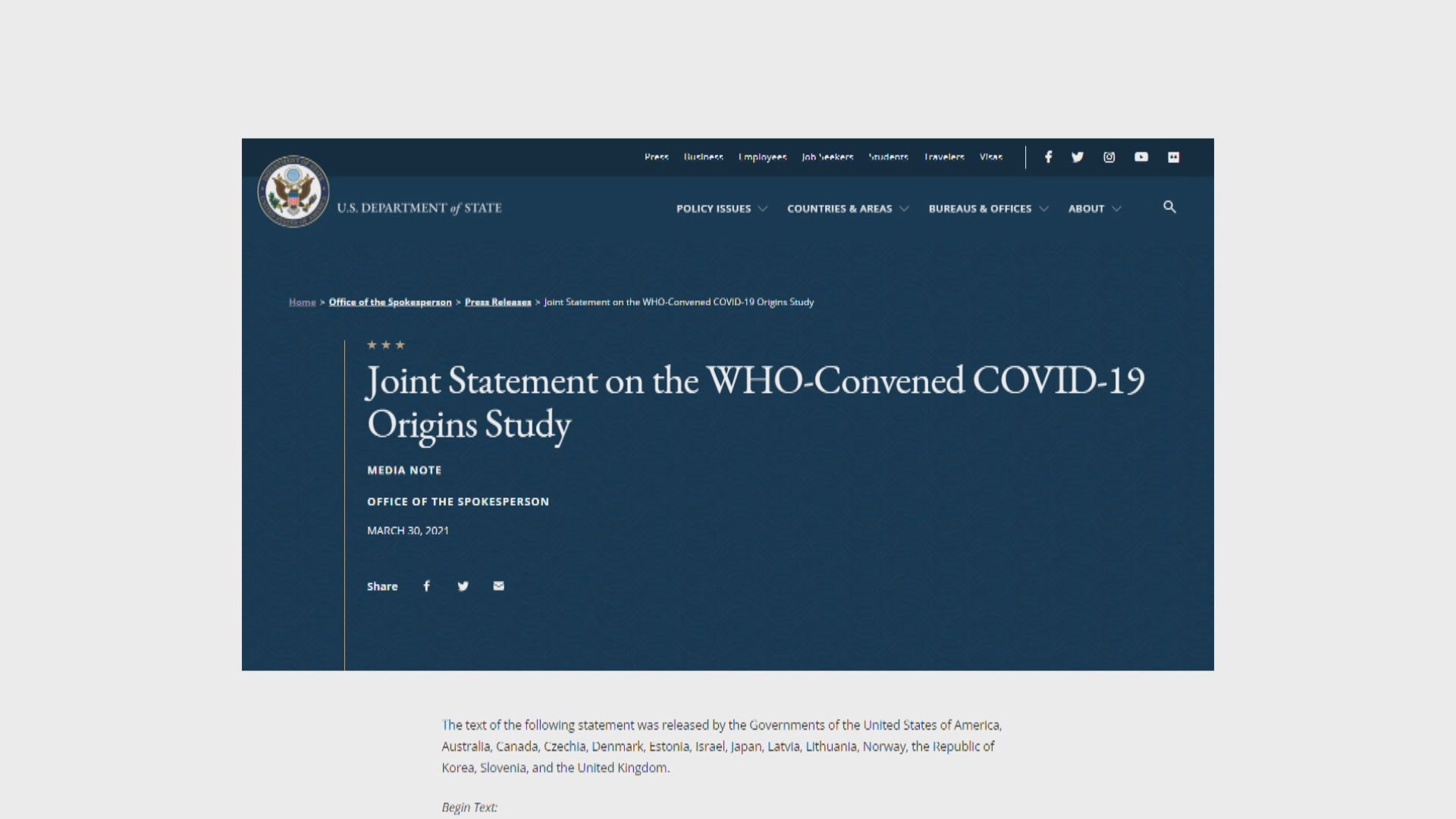 美國等十多國關注世衛中國新冠病毒溯源調查未取得全部資料